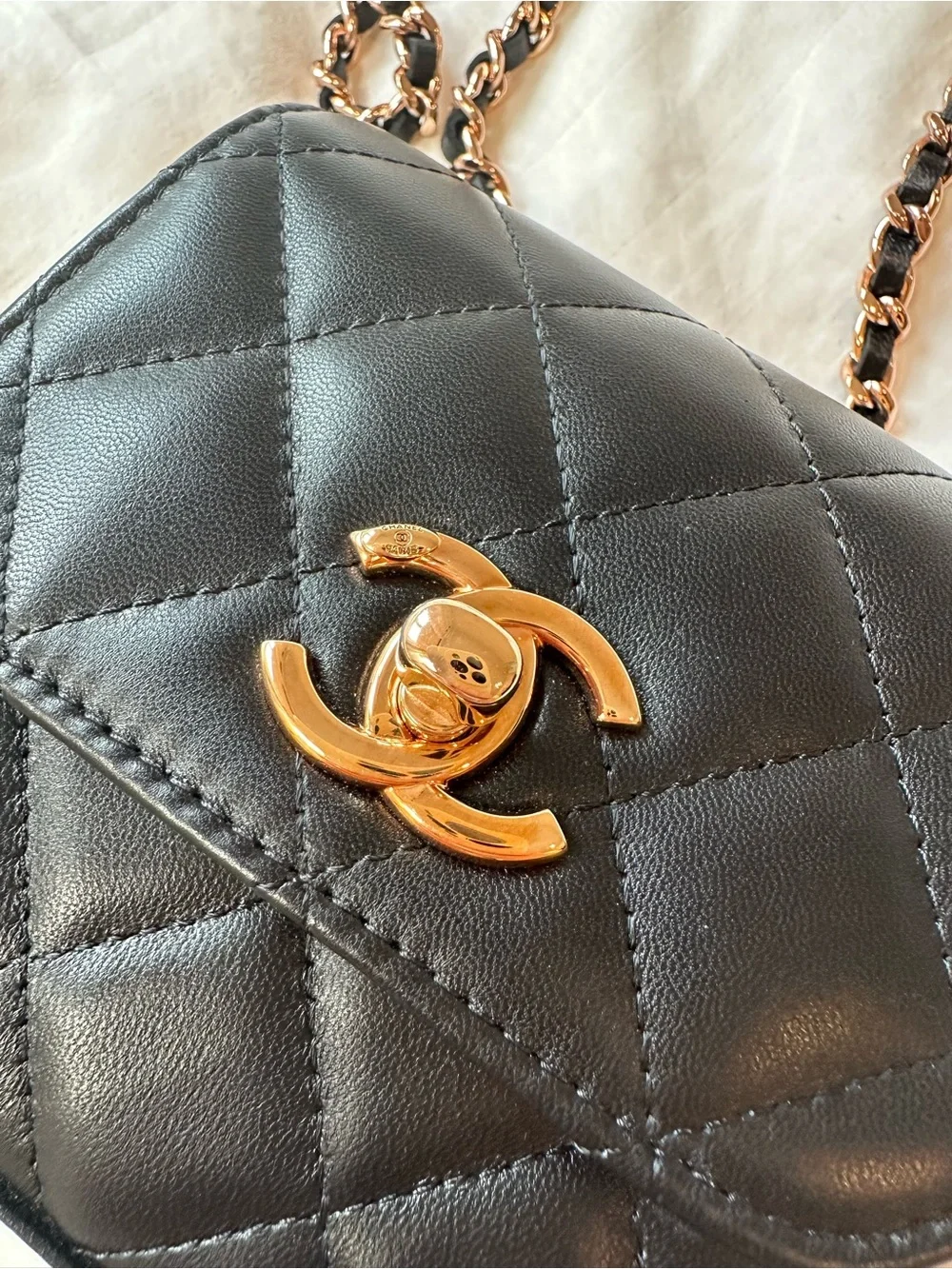 CHANEL Lambskin Quilted Mini Trendy CC Bag in Black, Rose Gold Hardware